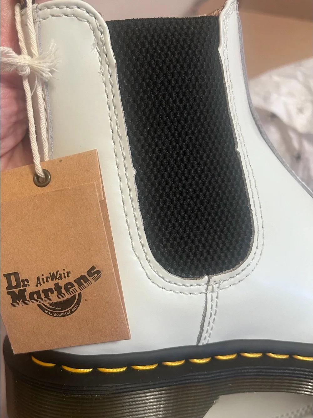 Dr. Martens White Leather Chelsea Boots with Black Elastic and Yellow Stitching